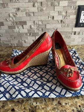 Milly Red and Brown Espadrille Wedge Loafers